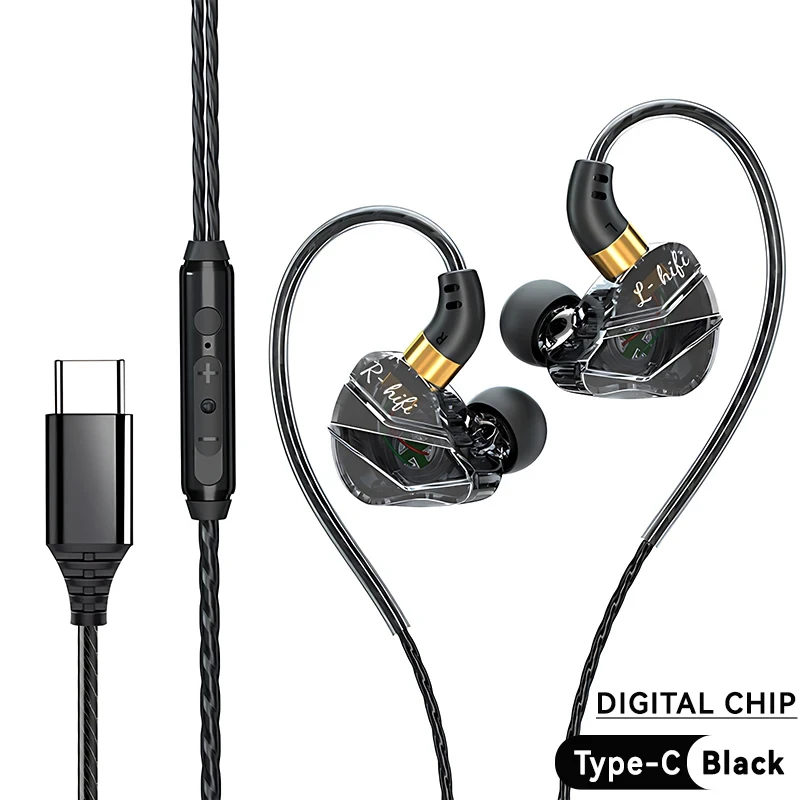 9D Surround HiFi Bass Wired Earphones – Type-C Digital Chip In-Ear Headset with Mic for Samsung & Android (Black)