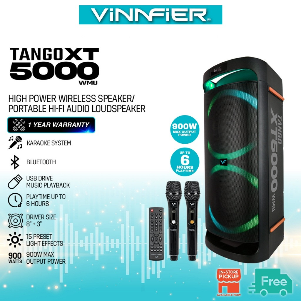 Vinnfier VF TANGO XT5000 WMU 900W Bluetooth Potable HI-FI Loud Speaker PartyBox Karaoke Speaker FM Radio, TF, USB, AUX, 2 Microphone