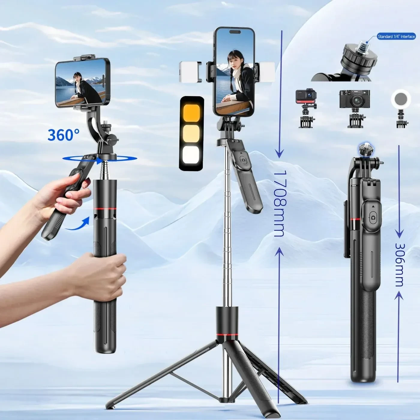 Selfie Stick F16 – 1708mm Extendable Bluetooth Tripod with Remote Control & 360° Rotation