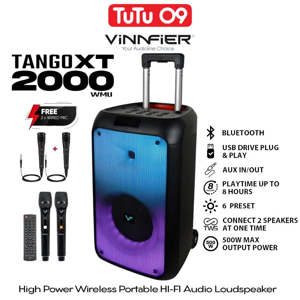 Vinnfier VF Tango XT2000 WMU 500W Bluetooth Speaker HI-FI Audio Karaoke PartyBox Speaker with 2 Microphone