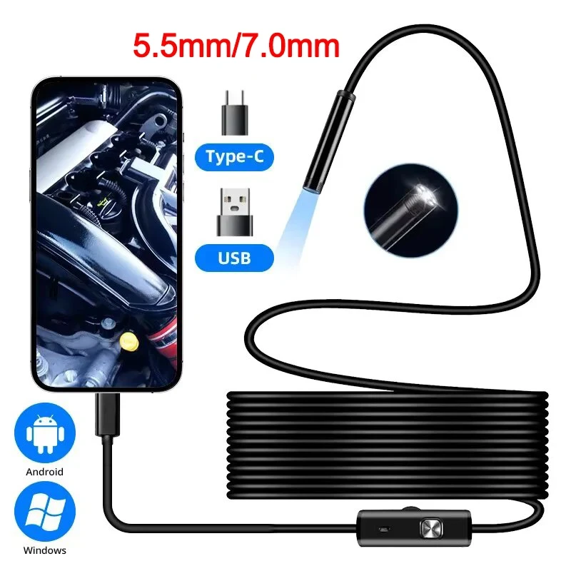 5.5/7.0mm Type-C Endoscope Camera – IP67 Waterproof USB Inspection Borescope with 6 Adjustable LEDs for Android & PC (2m)