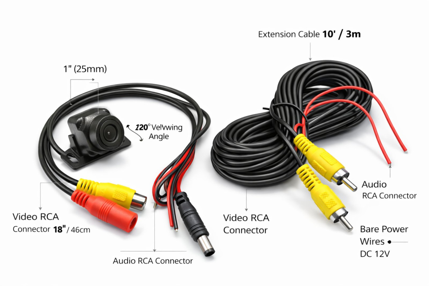 HD Waterproof Car Rear View Camera, 120 Degree Wide Angle Backup Camera Kit with 3M/10ft RCA Video Extension Cable