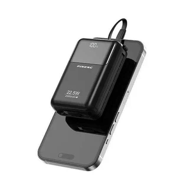 Pineng PN-767PD 20000mAh Power Bank – 22.5W Fast Charging, PD USB-C, Dual Output, Built-in Cable, LED Display, Portable High Capacity Battery Pack for Mobile & Tablet