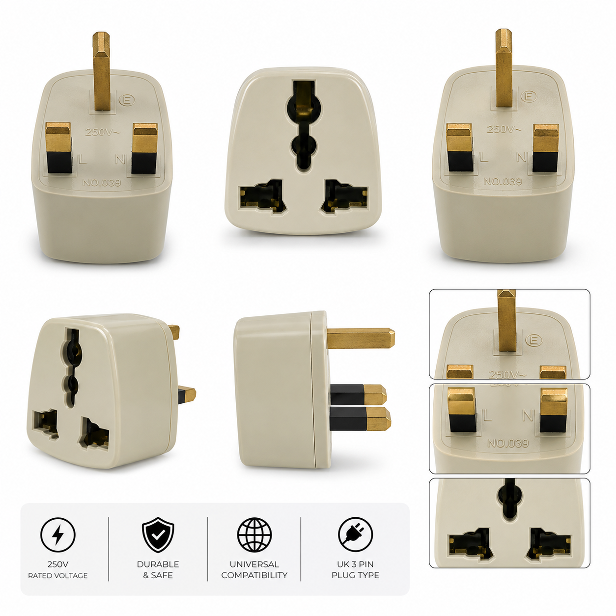 UK 3 Pin Universal Adapter Plug – International Power Socket Converter, 250V Multi Plug for Home, Office & Travel