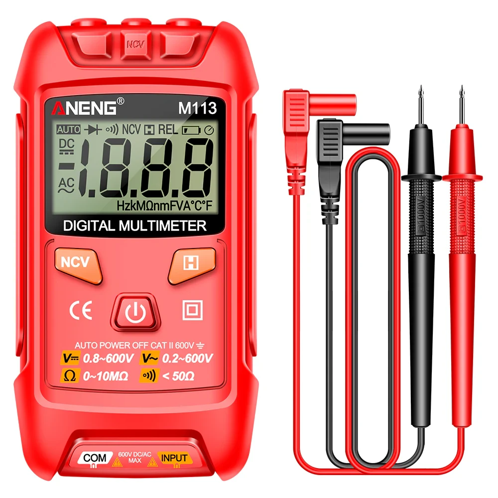 ANENG M113 Mini Digital Multimeter AC/DC Voltmeter 600V – 1999 Counts, Ohm NCV Tester, Red